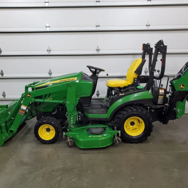 John Deere Lawn Mower with front loader and rear backhoe